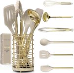 Styled settings 7-Piece Beige & Gold Kitchen Utensils Set – Non-Toxic Silicone & Stainless Steel Tools for Cooking, Serving, & Hosting – Ideal for Nonstick Cookware & Modern Kitchens, with Gold Utensil Holder