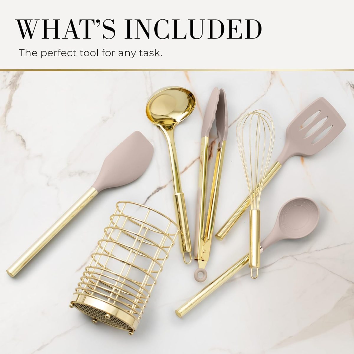 Styled settings 7-Piece Beige & Gold Kitchen Utensils Set – Non-Toxic Silicone & Stainless Steel Tools for Cooking, Serving, & Hosting – Ideal for Nonstick Cookware & Modern Kitchens, with Gold Utensil Holder - Image 5