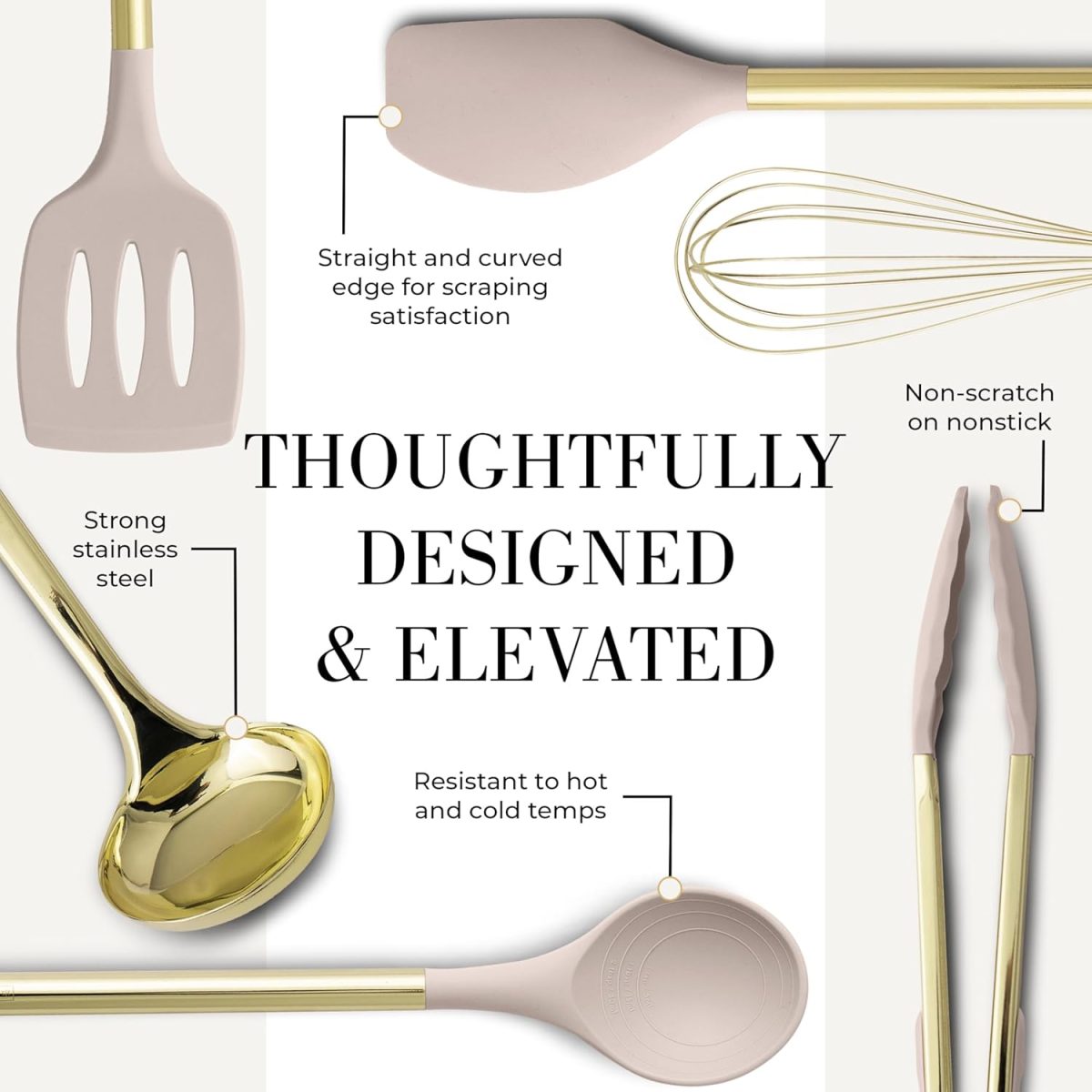 Styled settings 7-Piece Beige & Gold Kitchen Utensils Set – Non-Toxic Silicone & Stainless Steel Tools for Cooking, Serving, & Hosting – Ideal for Nonstick Cookware & Modern Kitchens, with Gold Utensil Holder - Image 3