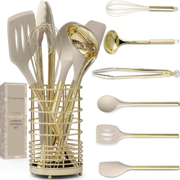 Styled settings 7-Piece Beige & Gold Kitchen Utensils Set – Non-Toxic Silicone & Stainless Steel Tools for Cooking, Serving, & Hosting – Ideal for Nonstick Cookware & Modern Kitchens, with Gold Utensil Holder