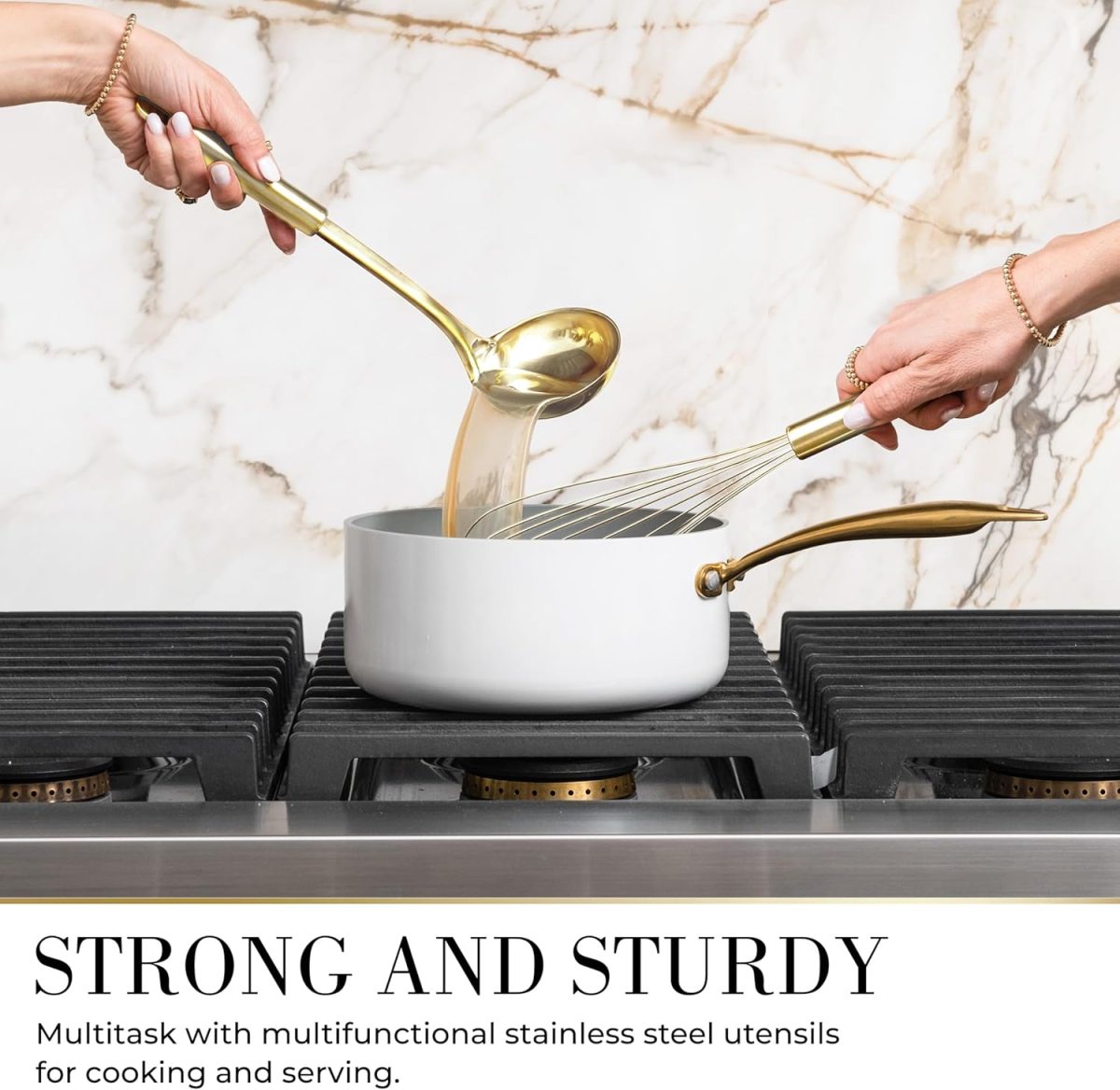 Styled settings 7-Piece Beige & Gold Kitchen Utensils Set – Non-Toxic Silicone & Stainless Steel Tools for Cooking, Serving, & Hosting – Ideal for Nonstick Cookware & Modern Kitchens, with Gold Utensil Holder - Image 4