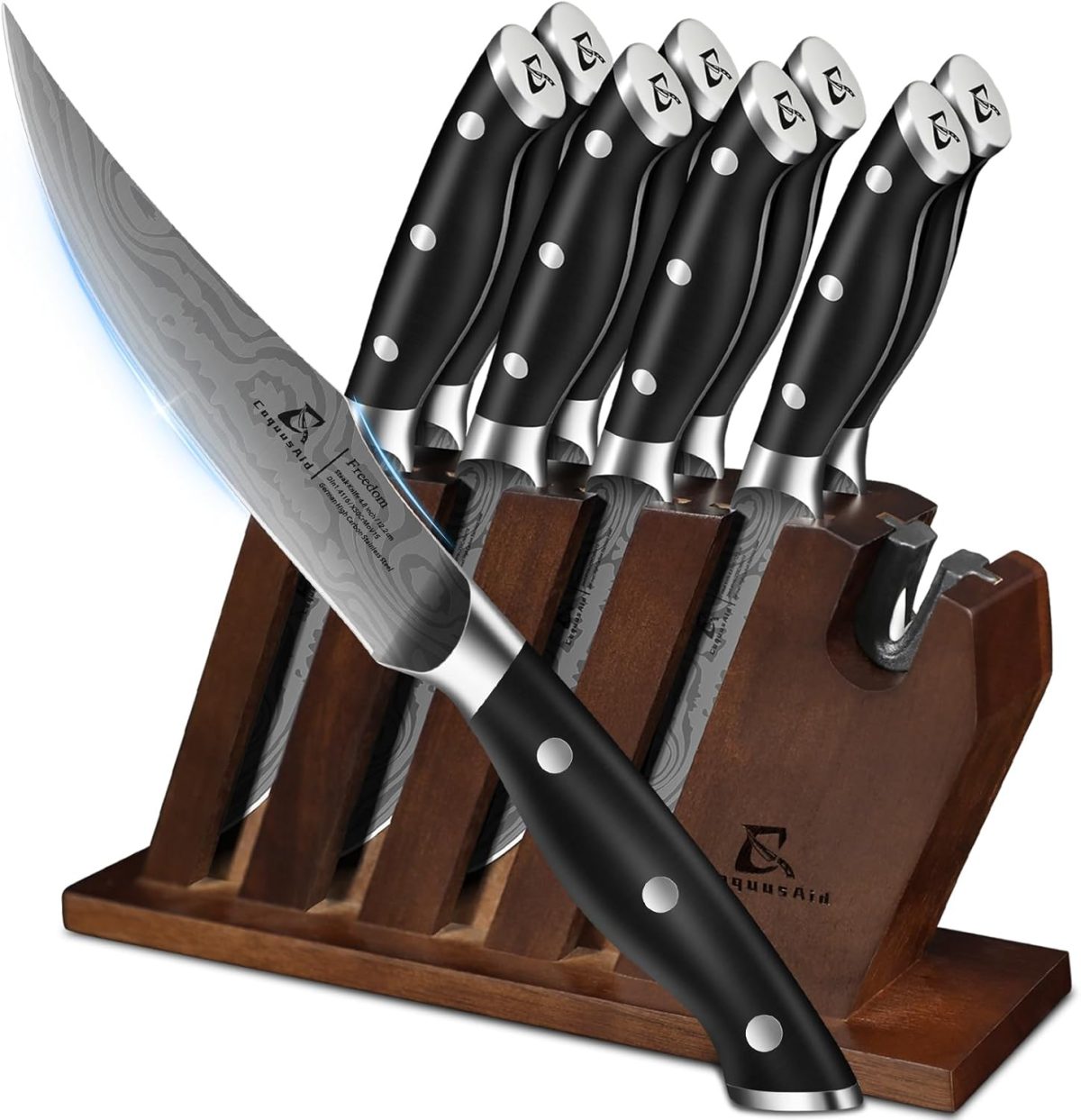 CoquusAid Steak Knives Set of 8 with Block Built-in Sharpener, 4.8 Inch Non Serrated Razor-Sharp Durable Dinner Knives, German Stainless Steel Damascus - Image 1