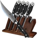 CoquusAid Steak Knives Set of 8 with Block Built-in Sharpener, 4.8 Inch Non Serrated Razor-Sharp Durable Dinner Knives, German Stainless Steel Damascus