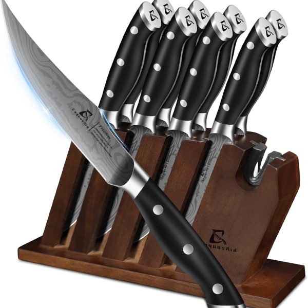 CoquusAid Steak Knives Set of 8 with Block Built-in Sharpener, 4.8 Inch Non Serrated Razor-Sharp Durable Dinner Knives, German Stainless Steel Damascus