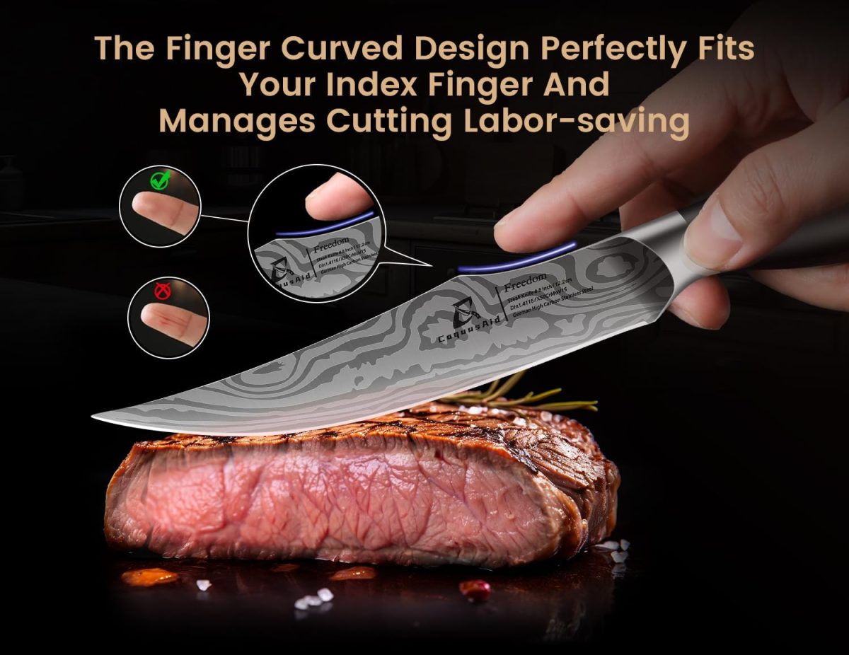 CoquusAid Steak Knives Set of 8 with Block Built-in Sharpener, 4.8 Inch Non Serrated Razor-Sharp Durable Dinner Knives, German Stainless Steel Damascus - Image 6