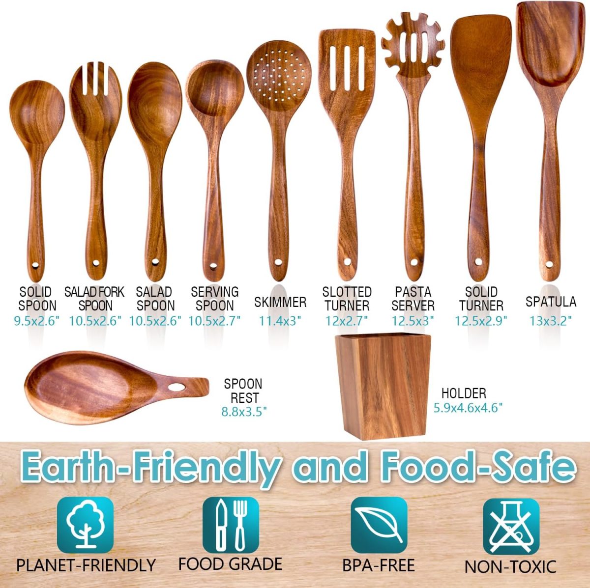 11-Piece Natural Acacia Wooden Cooking Utensils Set 3 - Image 3