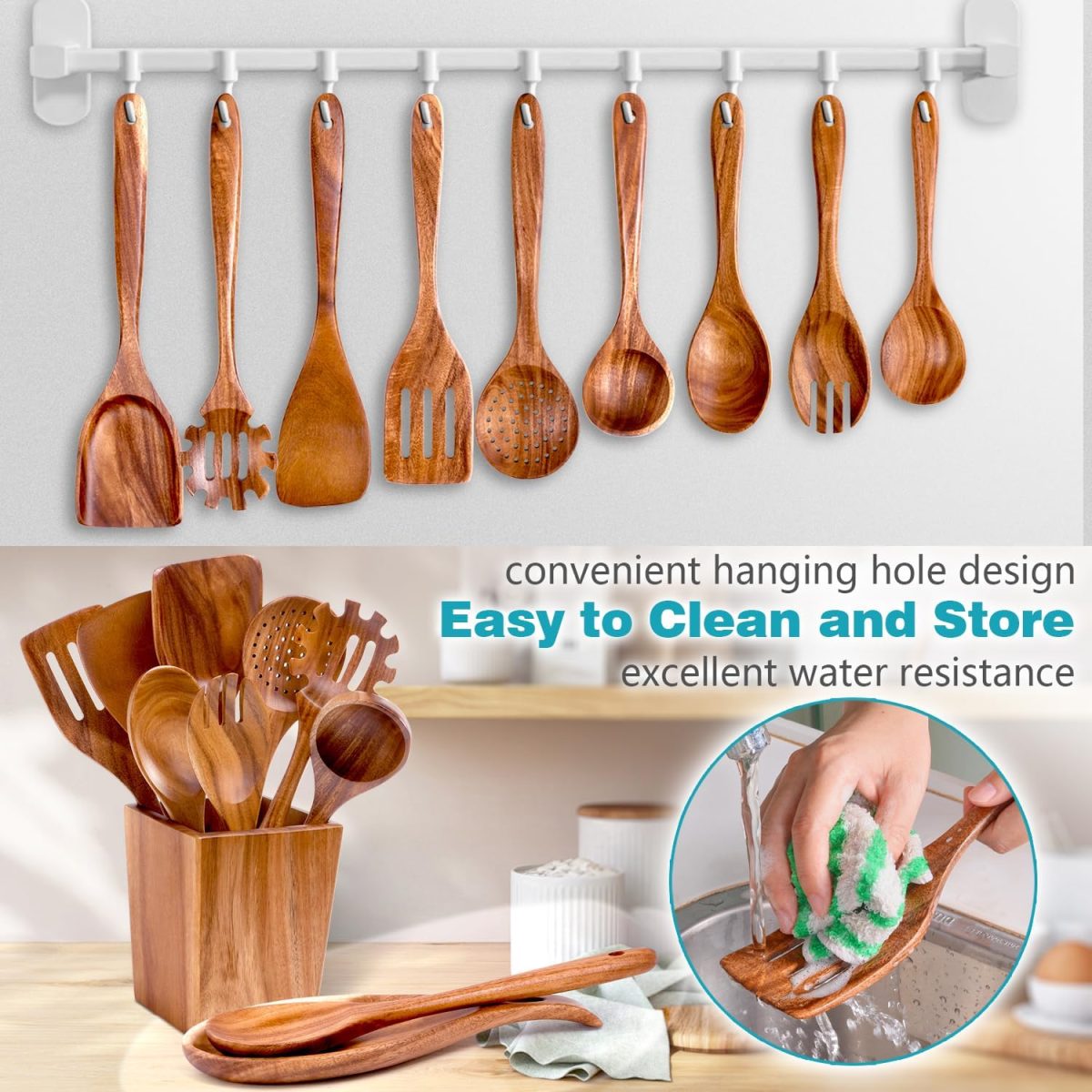 11-Piece Natural Acacia Wooden Cooking Utensils Set 3 - Image 4