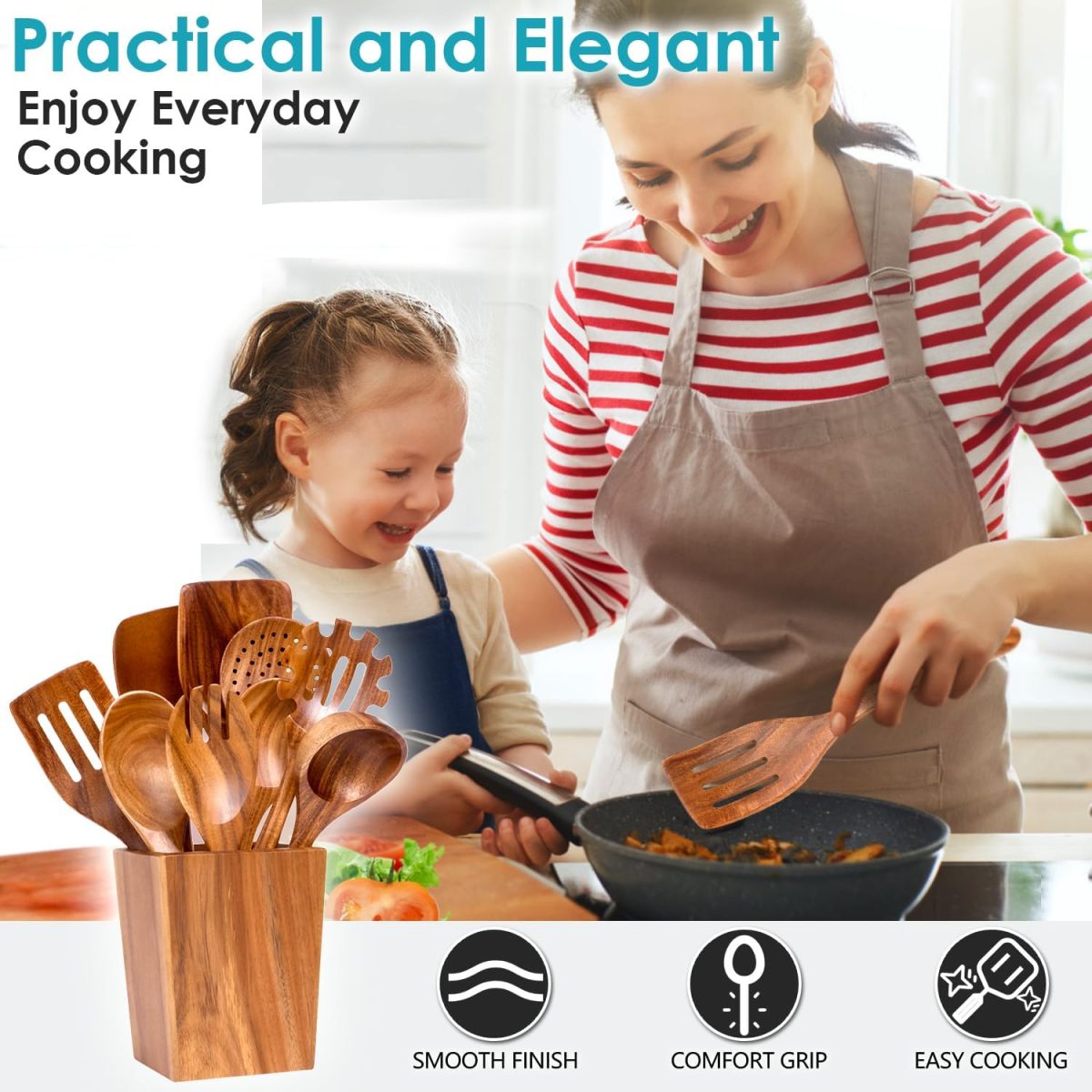 11-Piece Natural Acacia Wooden Cooking Utensils Set 3 - Image 5