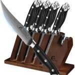 CoquusAid Steak Knives Set of 8 with Block Built-in Sharpener, 4.8 Inch Non Serrated Razor-Sharp Durable Dinner Knives, German Stainless Steel Damascus
